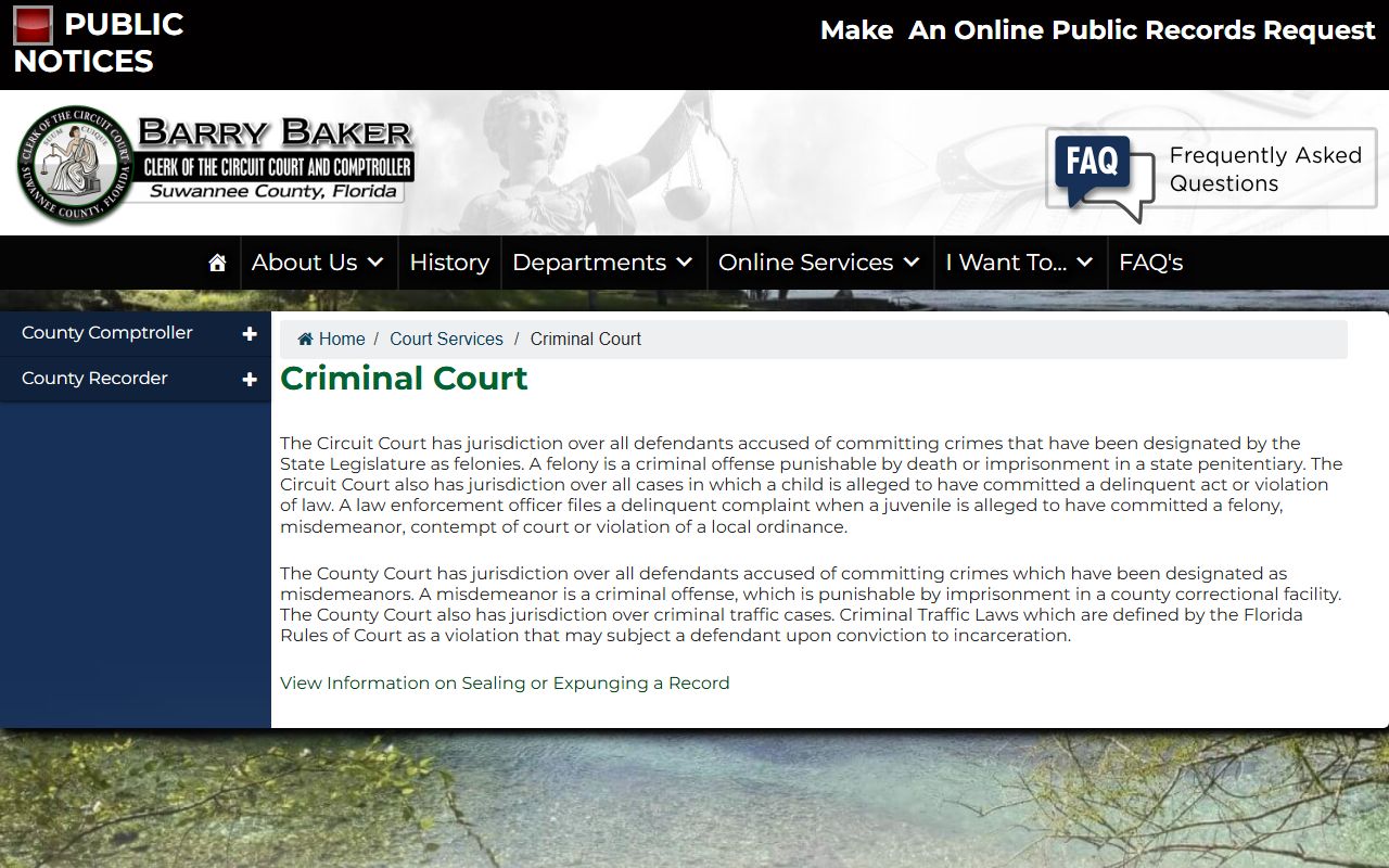 Suwannee County clerk criminal court page on court records after a jail arrest