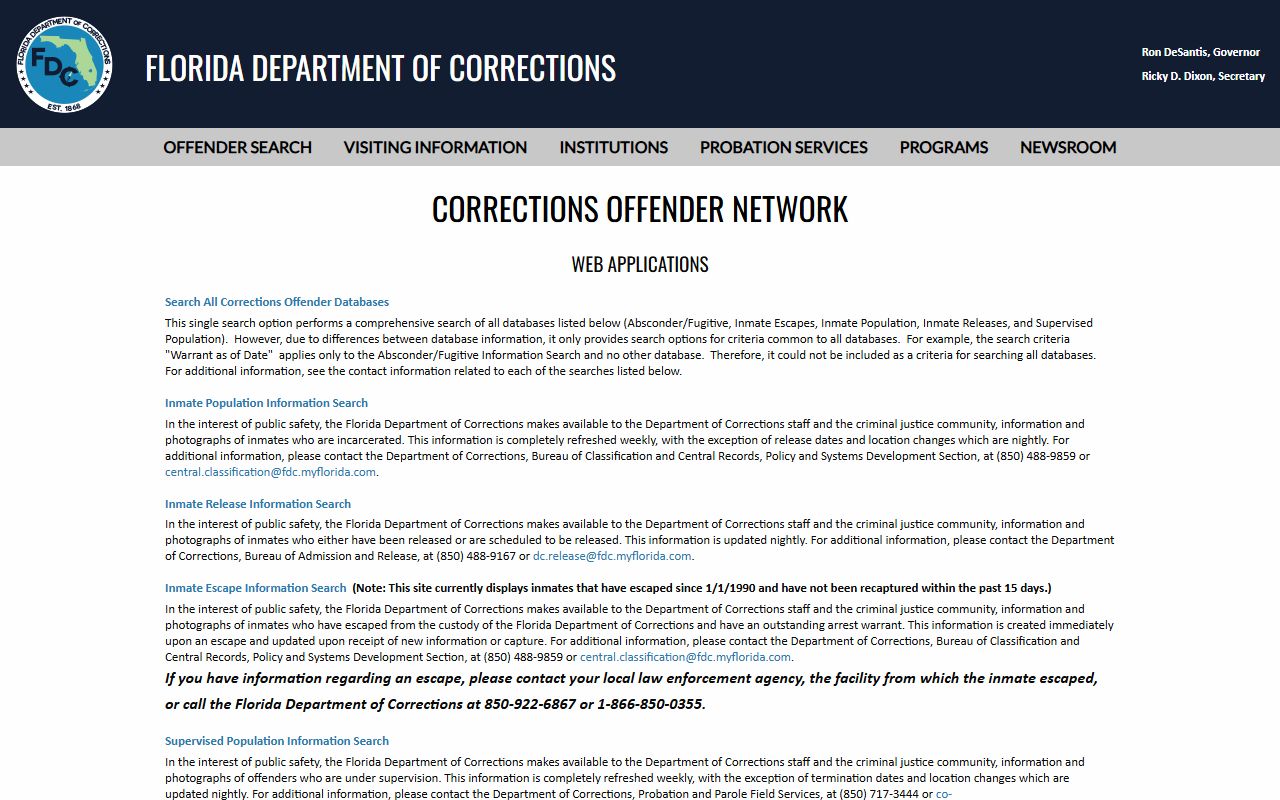 Florida DOC offender search menu for Suwannee County inmate population lookups