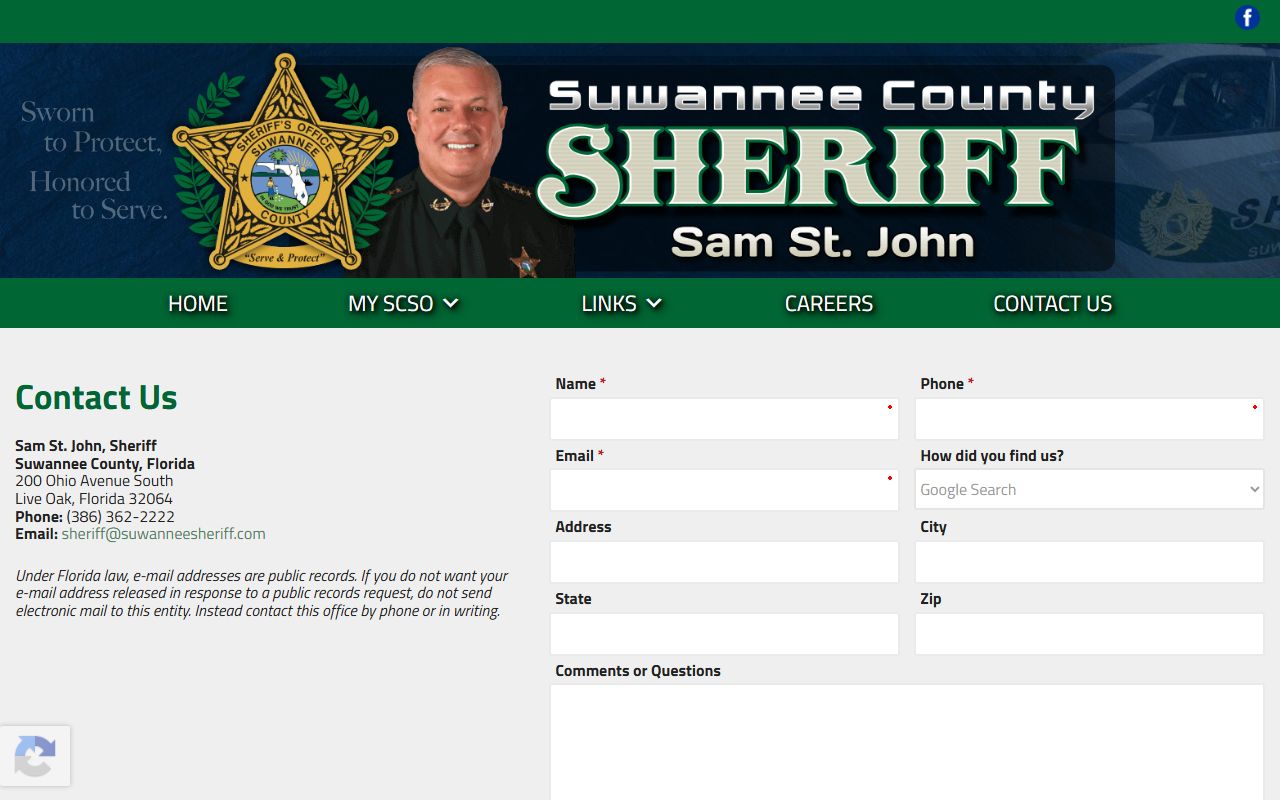 Suwannee County sheriff contact and public records page for jail mugshots