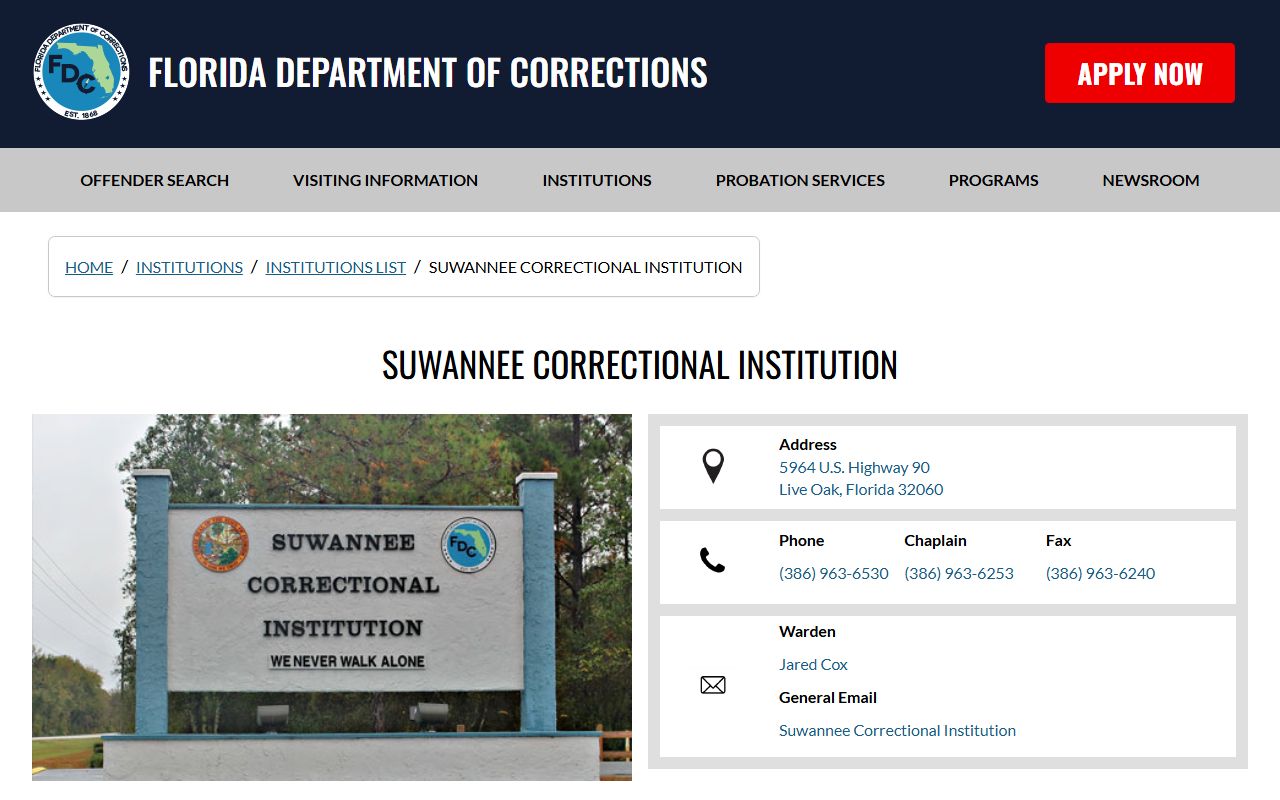Suwannee Correctional Institution FDC state prison page for inmate search