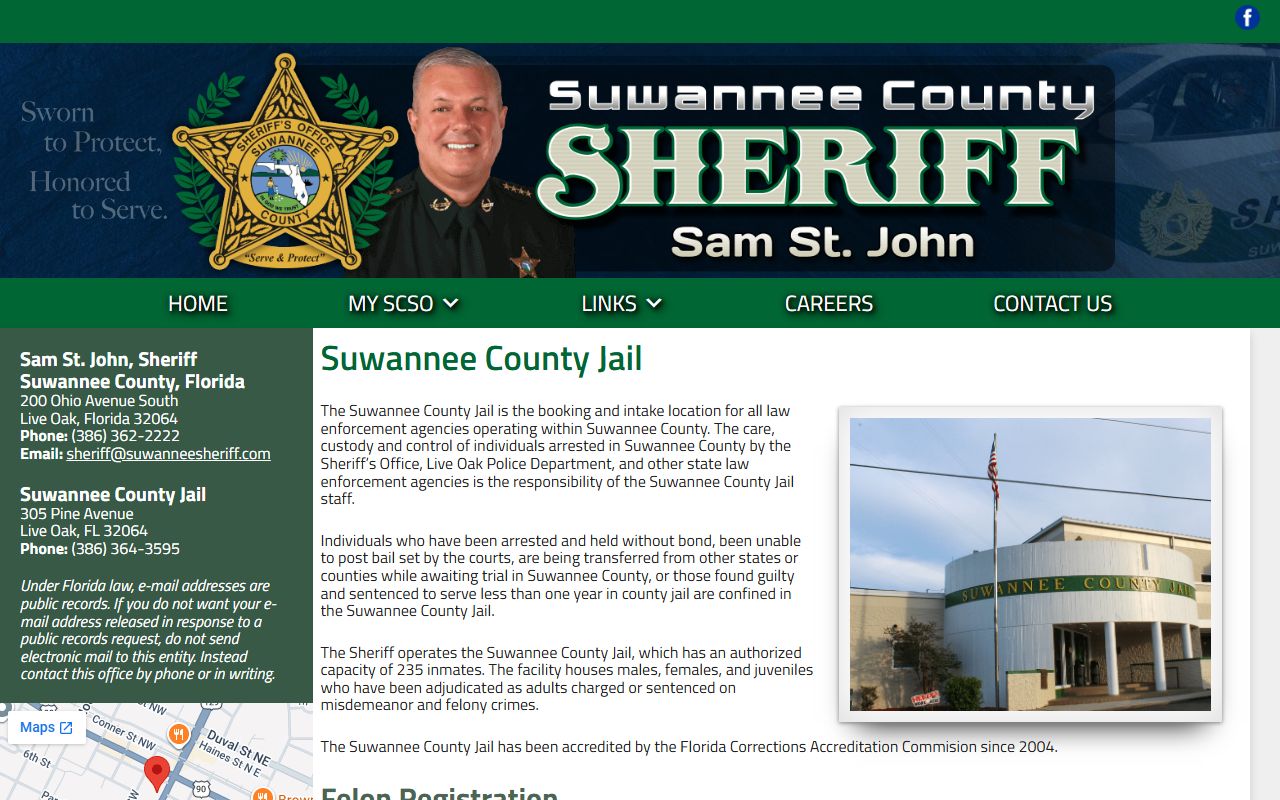 Suwannee County Jail official sheriff page with address, capacity, and visitation